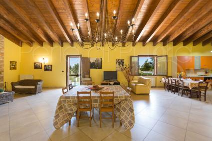 Open space of the villa with dining area, kitchen, sofas and television